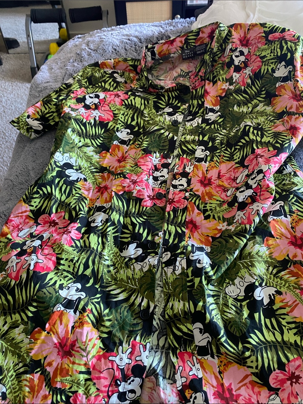 Disney Black Mickey Mouse  Hawaiian Shirt with Green Palm Leaves & Pink Hibiscus